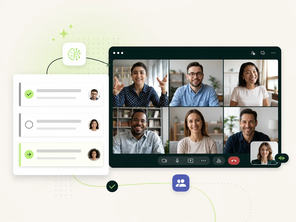 פגישת Microsoft Teams עם משתתפים, בוט AI גלוי ולוח משימות של מסכם